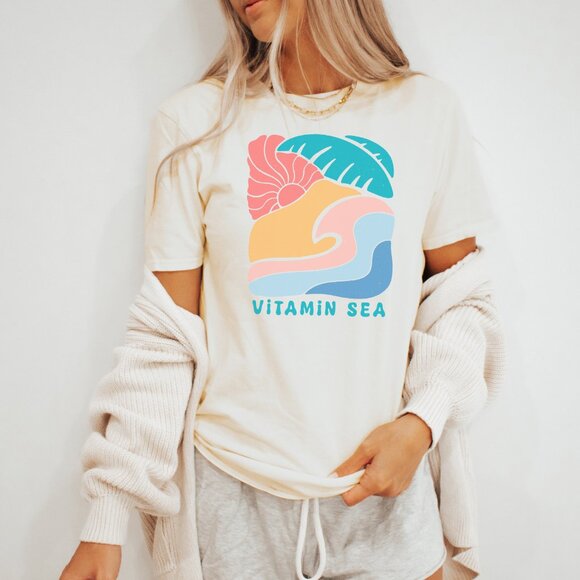 Vitamin Sea Graphic Tee Beach Wave Palm Tree Sun Summer Coastal Shirt - Picture 3 of 6